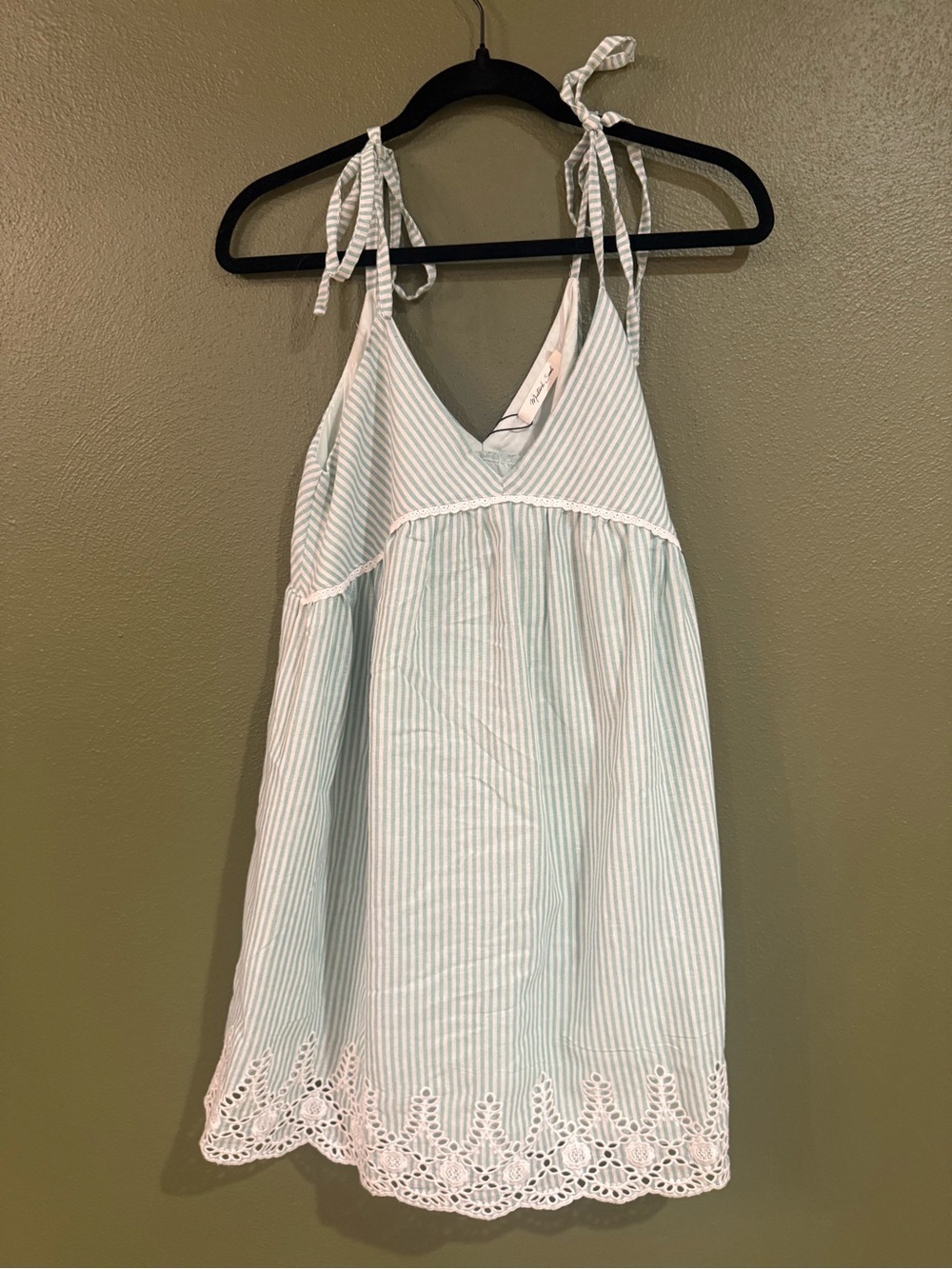 Mustard Seed Mint Stripe Eyelet-Hem Tie Shoulder Mini Dress